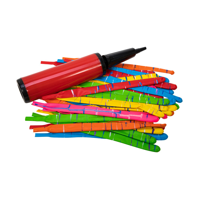 Colorful striped balloons with a red pump on a white background