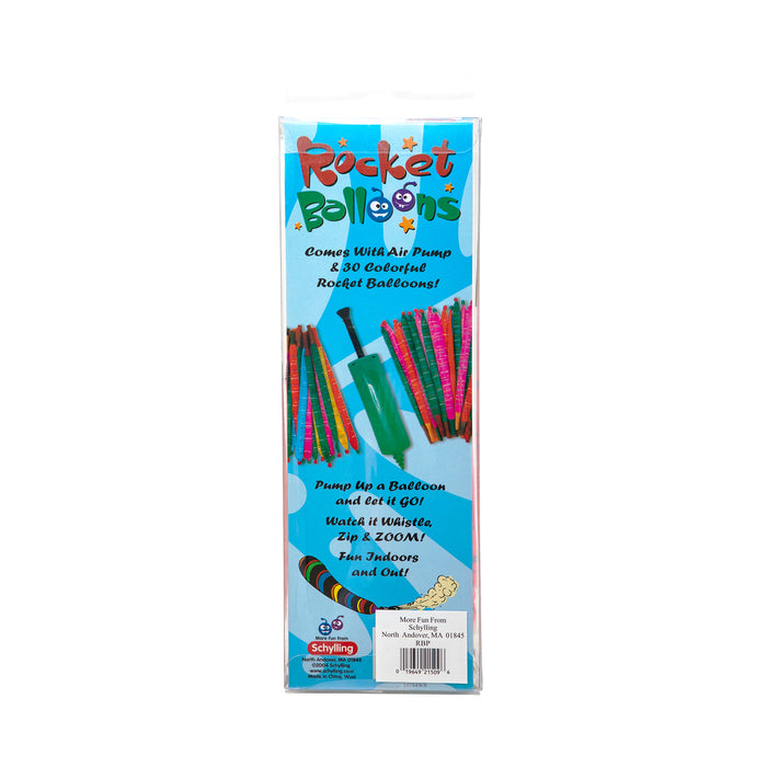 Packaging of Rocket Balloons with colorful balloons and air pump on a white background