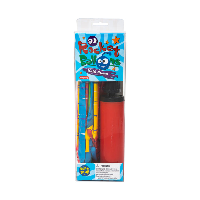 Packaged rocket balloons with pump on a white background