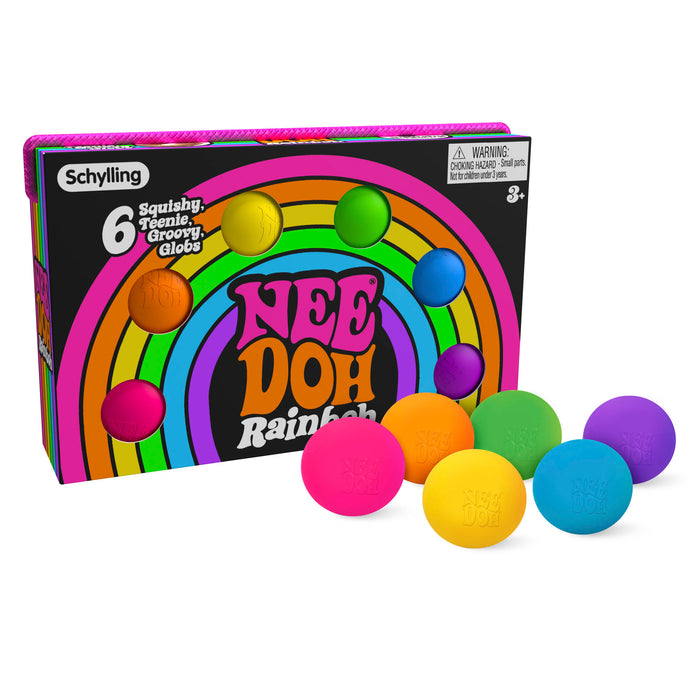 Box of Schylling Nee Doh Rainbow balls with colorful balls on a white background