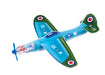 Toy airplane with blue and green design on a white background