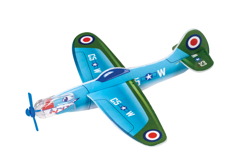 Toy airplane with blue and green design on a white background