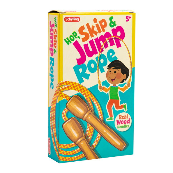 Box of Schylling Hop, Skip & Jump Rope with wooden handles on a white background