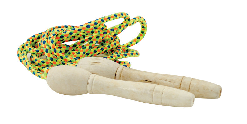 Colorful jump rope with wooden handles on a white background