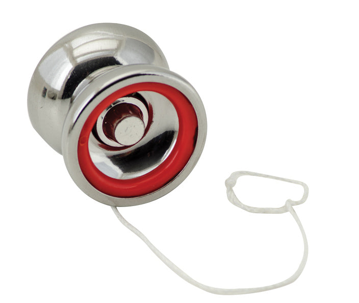 Metallic yoyo with red center on a white background