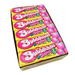 A bulk cardboard box of Bubblicious The Original Bubble Tape, showing multiple yellow and pink individually wrapped packs stacked inside.