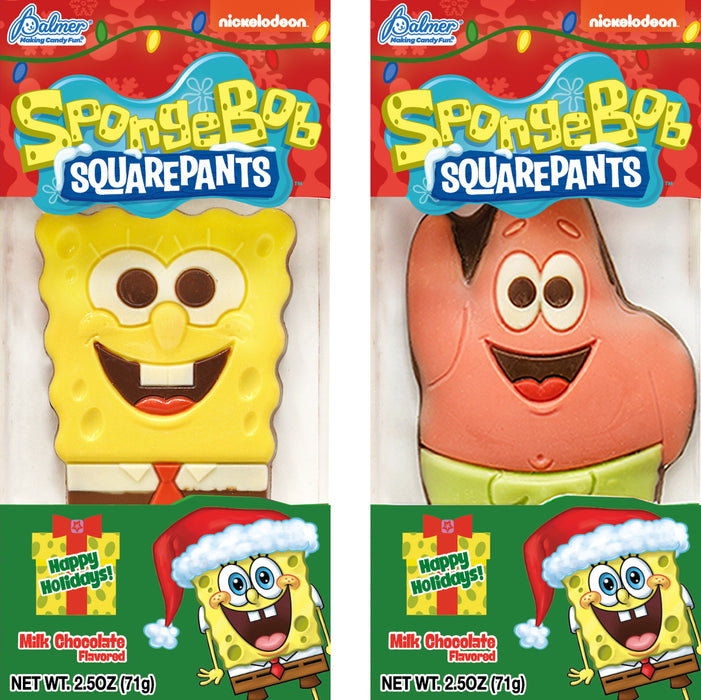 Two packaged SpongeBob SquarePants milk chocolate The left package shows a yellow SpongeBob-shaped chocolate with red and white details, and the right package shows a pink Patrick Star-shaped chocolate with green and brown details.