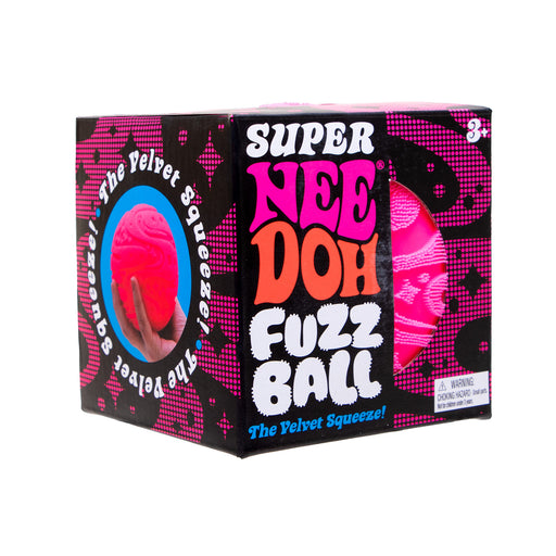 Box of Super Nee Doh Fuzz Ball with pink ball and text on a black background