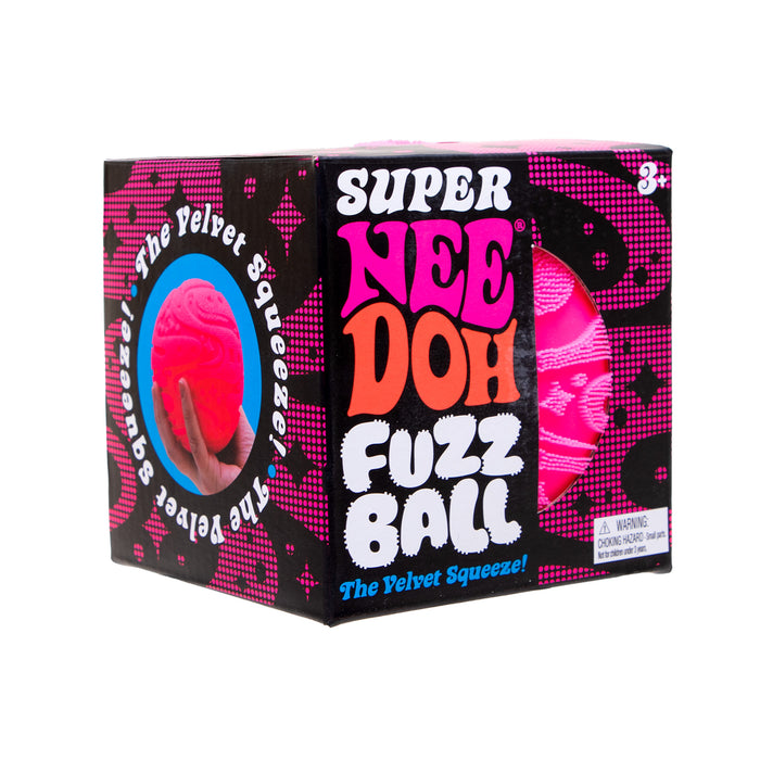 Box of Super Nee Doh Fuzz Ball with pink ball and text on a black background