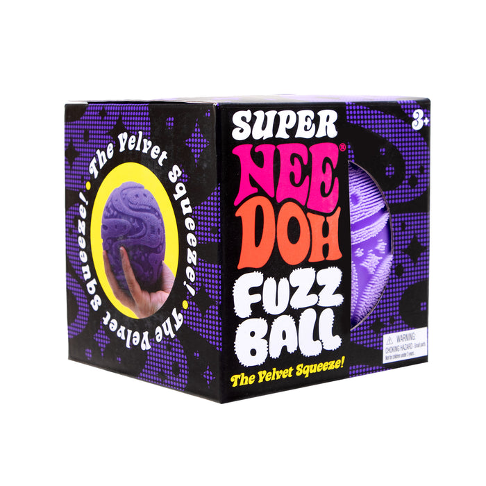 Box of Super Nee Doh Fuzz Ball with colorful text and graphics on a white background