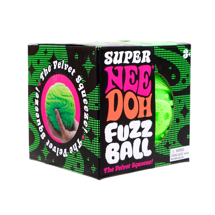 Box of Super Nee Doh Fuzz Ball with green fuzzy ball and colorful text on a white background