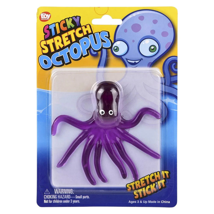 Purple stretchy octopus toy in packaging with 'Sticky Stretch Octopus' text on a yellow and blue background.