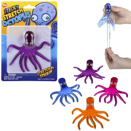 Sticky octopus stretch toy shown in its blister packaging on the left, with four loose octopus toys in blue, purple, red, and orange on the right, plus a hand stretching the translucent blue octopus on a white background.