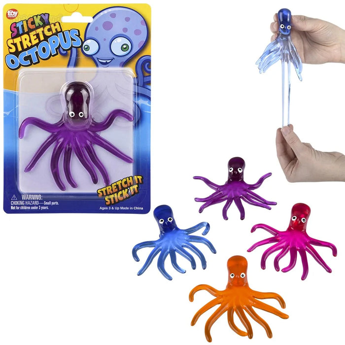 Sticky octopus stretch toy shown in its blister packaging on the left, with four loose octopus toys in blue, purple, red, and orange on the right, plus a hand stretching the translucent blue octopus on a white background.