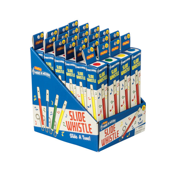 Display of slide whistles in their packaging on a white background