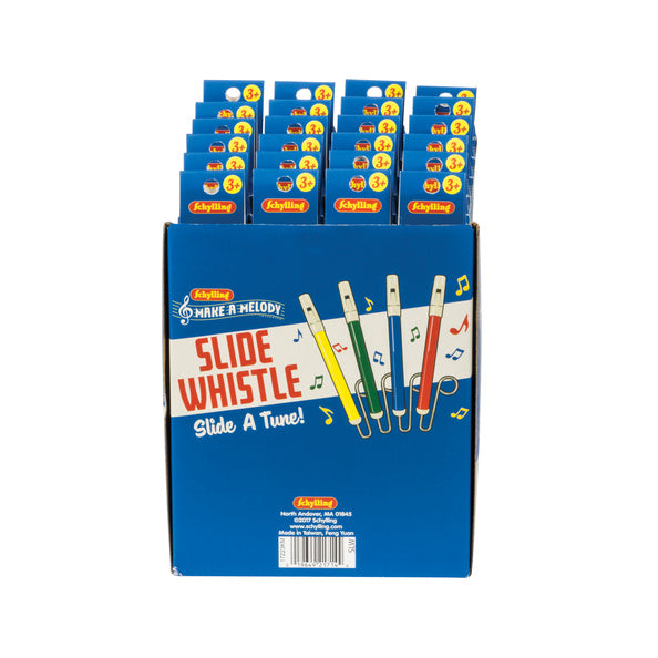 Display box of Make-A-Melody slide whistles with colorful whistles inside.