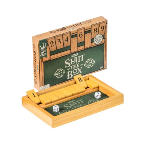Wooden 'Shut the Box' game set with dice and box on a white background