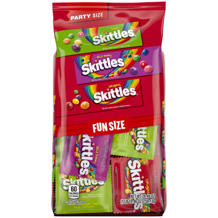 Indulge in the ultimate Skittles lover's treat this Halloween with a 50ct Mega bag! Weighing in at over 1 and a Half pounds of the mouth-watering goodness you know and love that Skittles Original, Skittles Wild Berry and of course the Mouth Watering Sour Skittles Brings! This makes a Perfect pack for Trick or Treaters, or satisfying all your family &amp; friends sweet cravings!