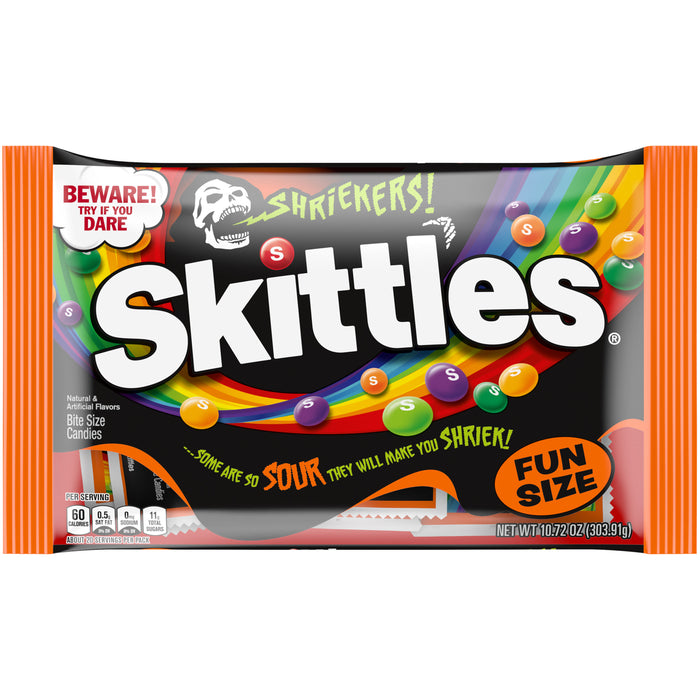 Get ready for a thrilling Halloween with Mars Skittles Shriekers! These bold and daring flavors, including Spine Tingling Tangerine, Ghoulish Green Apple, Shocking Lime, Rattled Raspberry, and the infamous Citrus SCREAM, pack a super sour punch! Perfect for trick-or-treaters or for snacking on your own. Try if you dare!