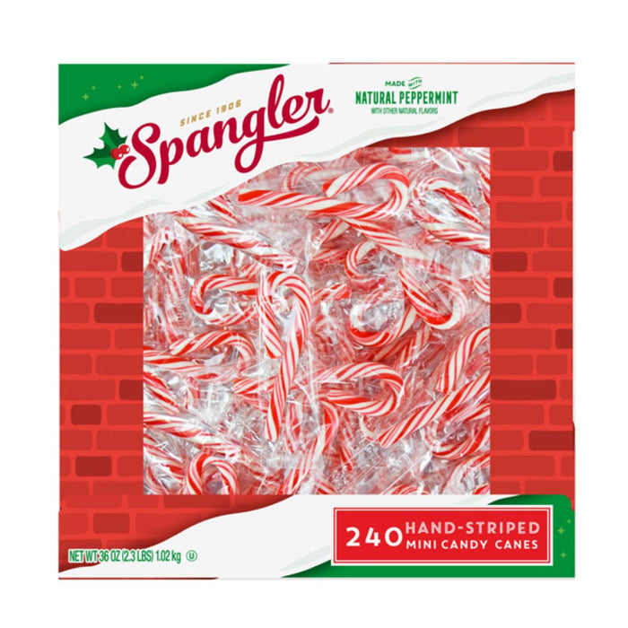 A box of Spangler 240 hand-striped mini candy canes, featuring a red brick pattern background, green and white branding, and a clear window showing the candy canes inside.