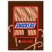 Snickers 12 Candy Canes packaging, featuring a brown background with illustrations of candy canes and a red-bordered window showing striped candy canes. The Snickers logo is prominent in the center.