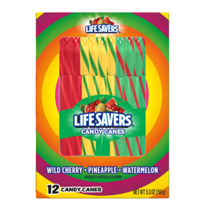 A box of Life Savers Candy Canes featuring the flavors Wild Cherry, Pineapple, and Watermelon. The packaging has a vibrant, circular rainbow design in red, orange, yellow, green, and purple, with a clear window showing the colorful candy canes inside.