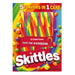 A box of Skittles candy canes featuring a bright rainbow design with the words '5 FLAVORS IN 1 CANE' and 'TASTE THE RAINBOW.' The Skittles logo is large at the bottom, and candy-coated sticks are shown through a clear window on the front.