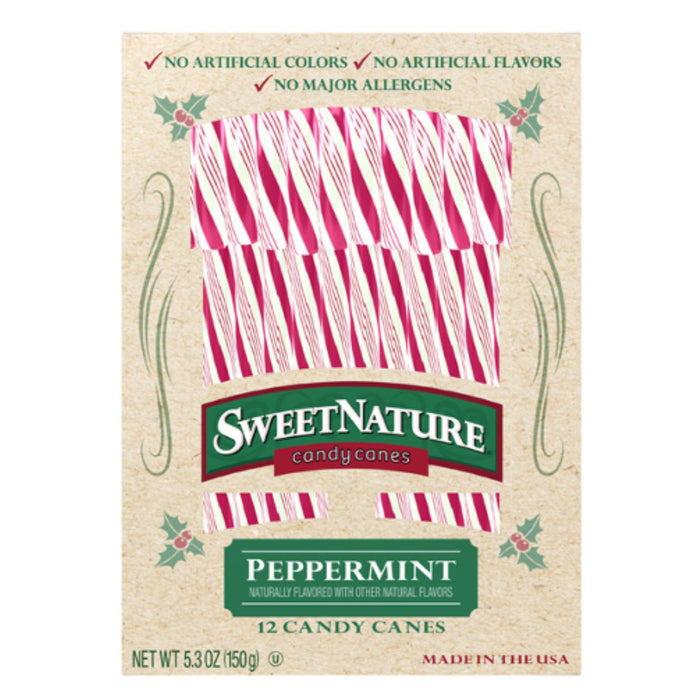 SweetNature Peppermint Candy Canes packaging box, featuring a graphic of pink and white striped candy canes on a textured beige background with green decorative accents.