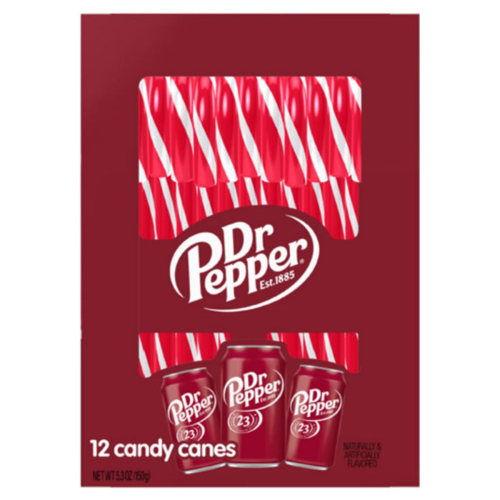 A package of Dr Pepper 12 candy canes, featuring a dark red box with illustrations of red and white striped candy canes and three small Dr Pepper cans at the bottom.