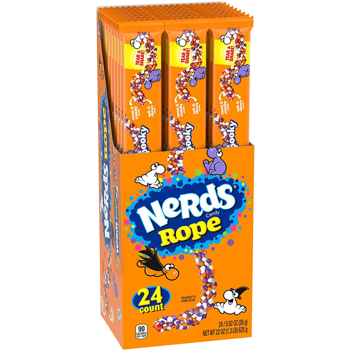 Indulge in the love of Nerds with these Halloween Spooky Ropes. Each chewy rope is drenched in the delicious little sparks we know as Nerds and love! These Ropes will provide a tasty treat for any spooky celebration. Available in a .92oz Single Rope or a convenient 24ct box. Enjoy the perfect balance of sweet and tangy flavors with this fun and delicious candy.