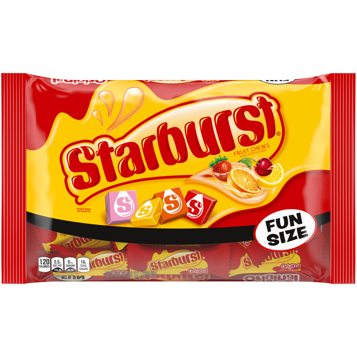 Indulge in the Halloween spirit with Starburst Original Fun Size Packs! Each bag comes packed with 2 piece fun size packs, perfect for sharing or passing out to trick-or-treaters. Enjoy the classic fruity flavors of Starburst while satisfying your sweet tooth!