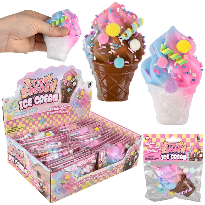 Squishy ice cream cones with packaging and a hand holding one, on a white background.