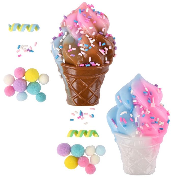 Colorful ice cream cone toys with sprinkles on a white background