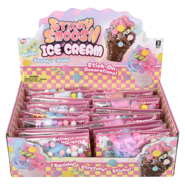 Display box of Sticky Smoosh Ice Cream stick-on decorations with colorful packaging.