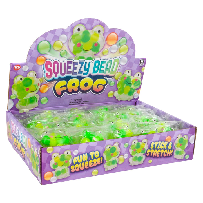 Box of Squeezy Bead Frog toys with purple packaging and green frogs.