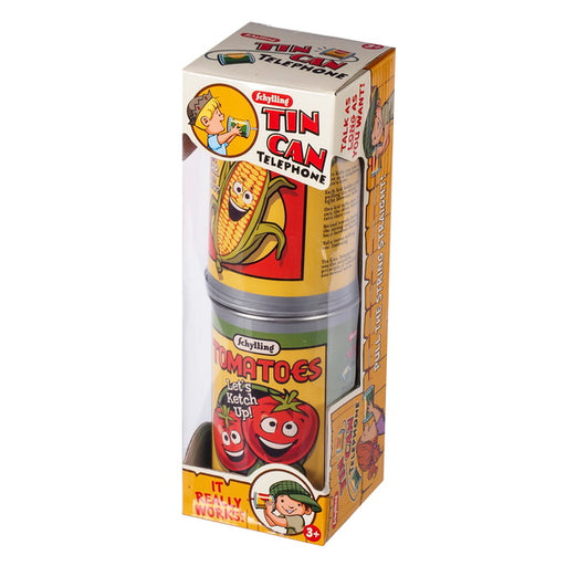 Schylling Tin Can Telephone packaging with cartoon characters on a white background