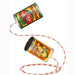 Two toy cans with tomato and corn designs on a white background