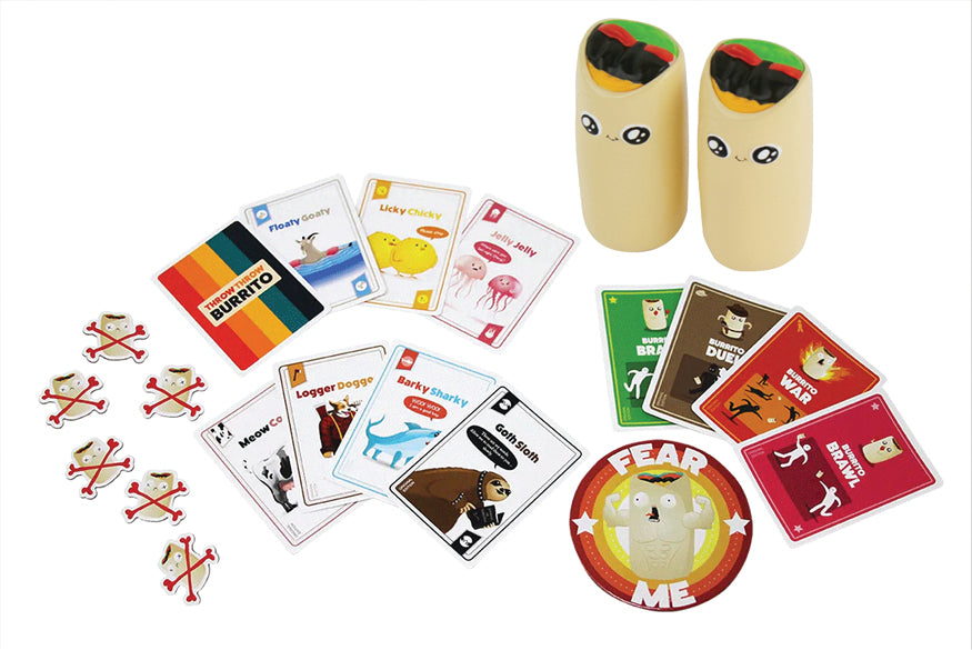 Card game with cartoon burrito characters and animal cards on a white background