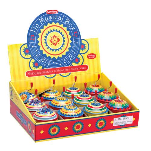 Display box of Schylling Tip Tin Musical Boxes with colorful design