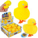 Yellow puffer ducky toy with packaging and a hand holding one, on a white background.