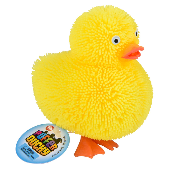 Yellow rubber duck with textured surface and visible brand logo on a white background