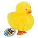 Yellow rubber duck with textured surface and visible brand logo on a white background