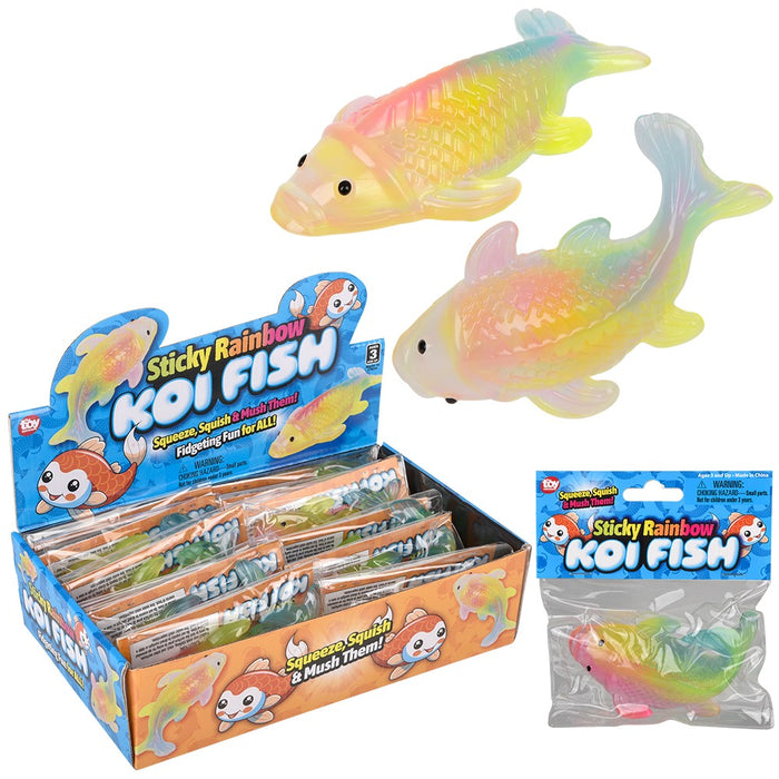 Sticky Rainbow Koi Fish toys with packaging on a white background