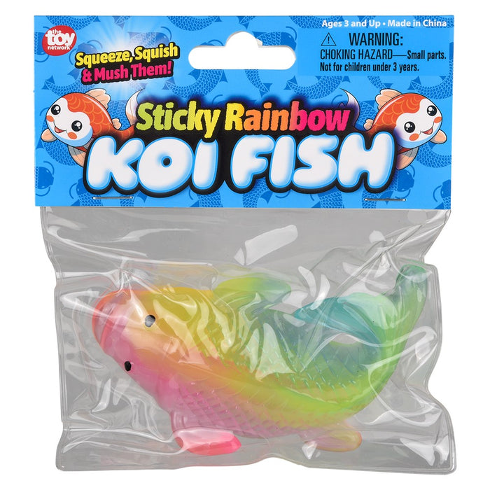 Packaged toy rainbow koi fish with colorful packaging on a white background