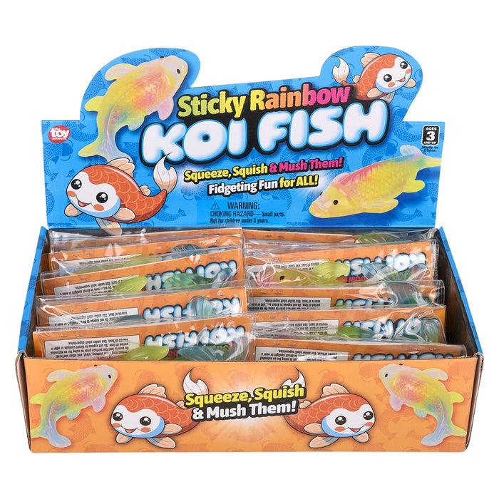 Display box of Sticky Rainbow Koi Fish toys with colorful packaging.