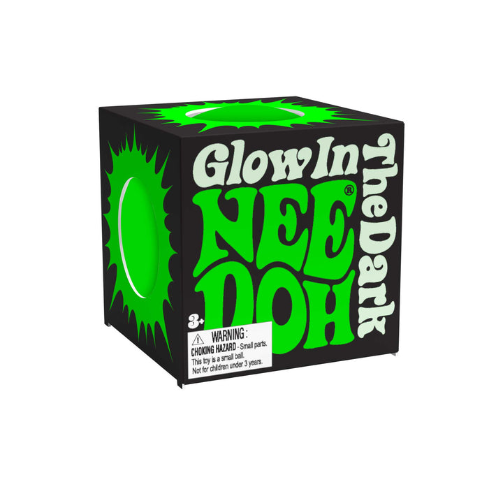 Box of 'Glowin' the Dark Nee Doh' with green and black design on a white background