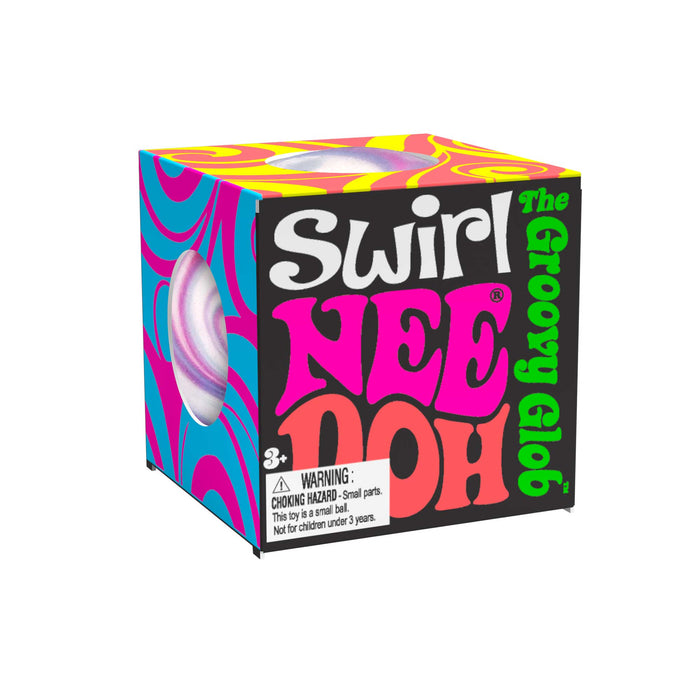Colorful packaging of 'Swirl Nee Doh' with a warning label on a white background