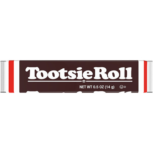 A Tootsie Roll chocolate bar in its classic wrapper, featuring a dark brown center with white lettering and red side stripes, set against a plain white background.