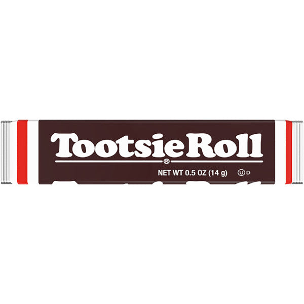 A Tootsie Roll chocolate bar in its classic wrapper, featuring a dark brown center with white lettering and red side stripes, set against a plain white background.