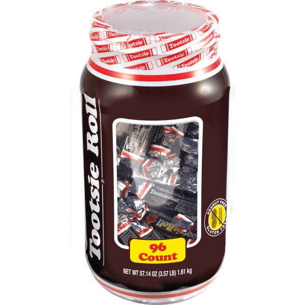 Tootsie Roll jar with red and white lid on a white background